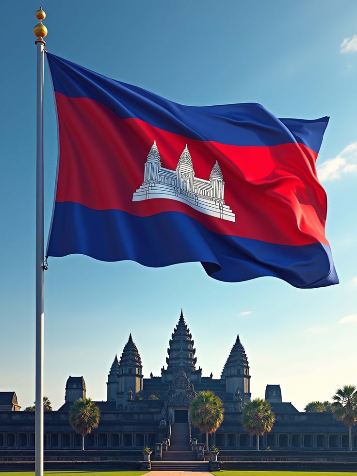 The flag of Cambodia waving against a clear sky