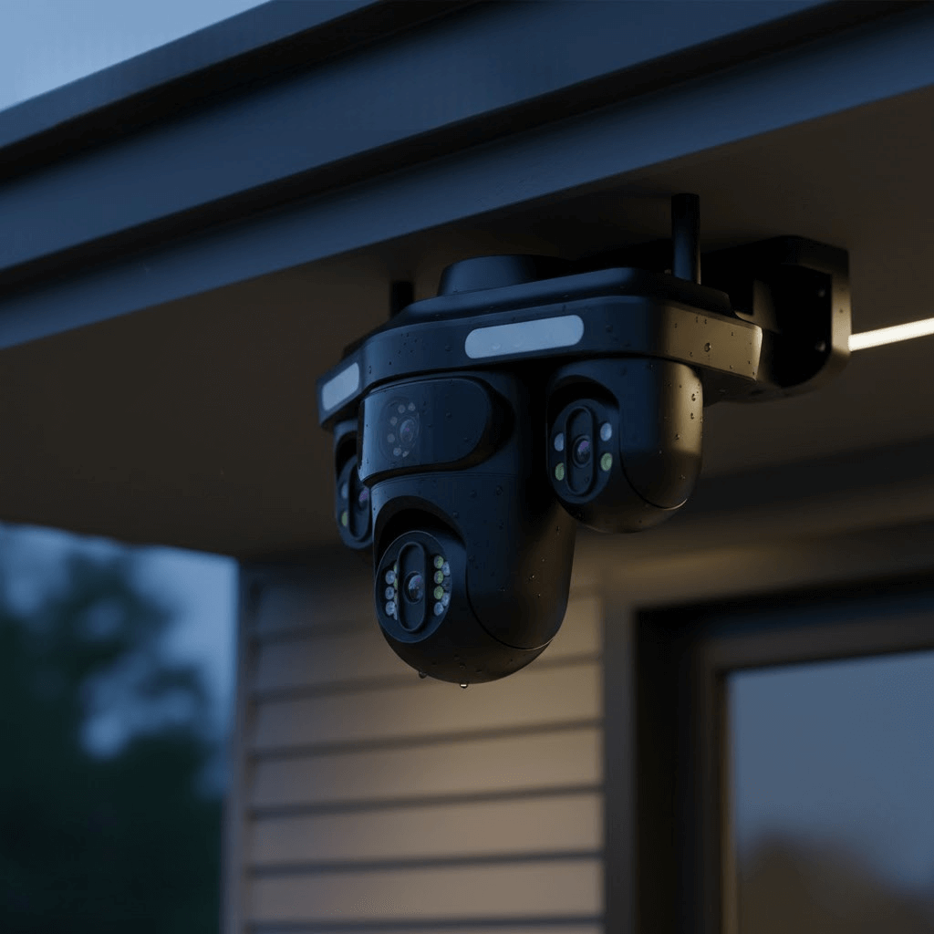A high-definition IP security camera installed on a modern building.