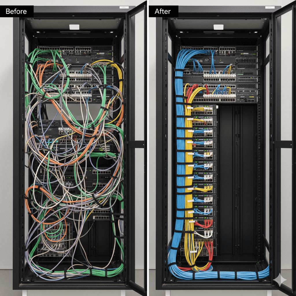 A neatly organized server rack with labeled Cat6 cabling.