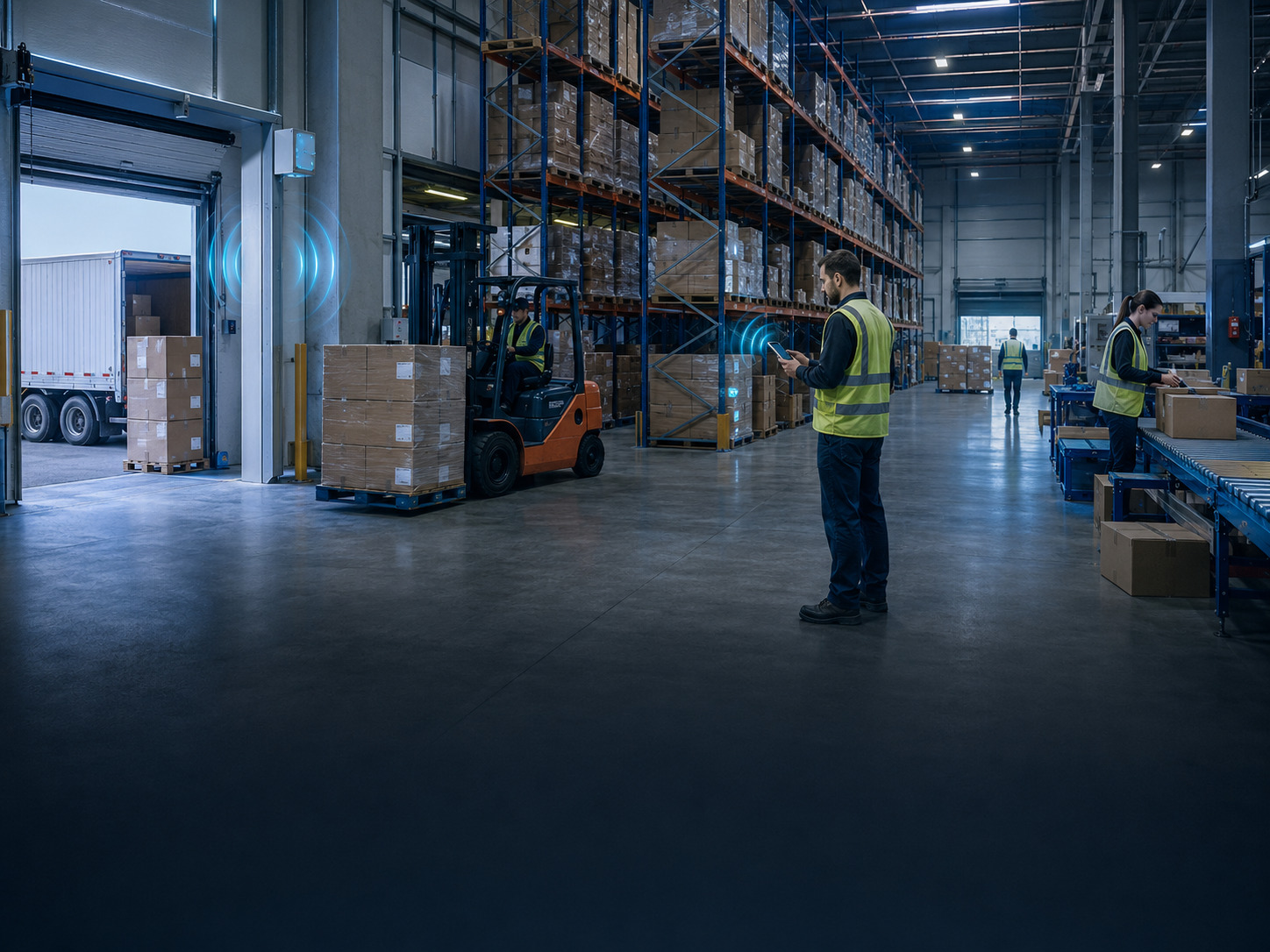 Illustrative RFID warehouse workflow from receiving through storage, inventory counting, packing and dispatch
