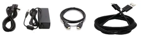Power adapter and plug, HDMI cable and Type-A USB 3.0 cable