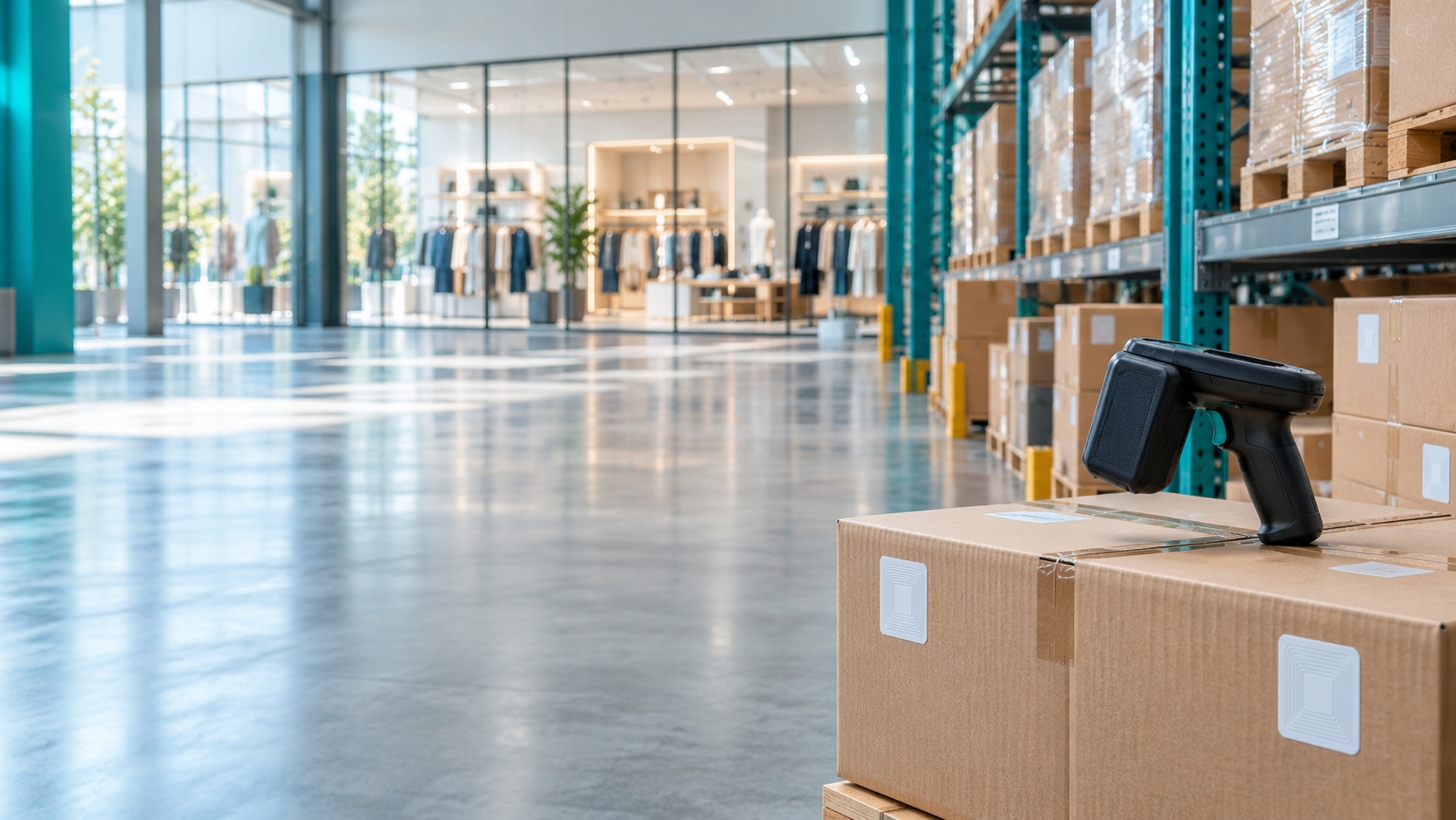 RFID handheld reader on tagged cartons in a warehouse next to a retail shop