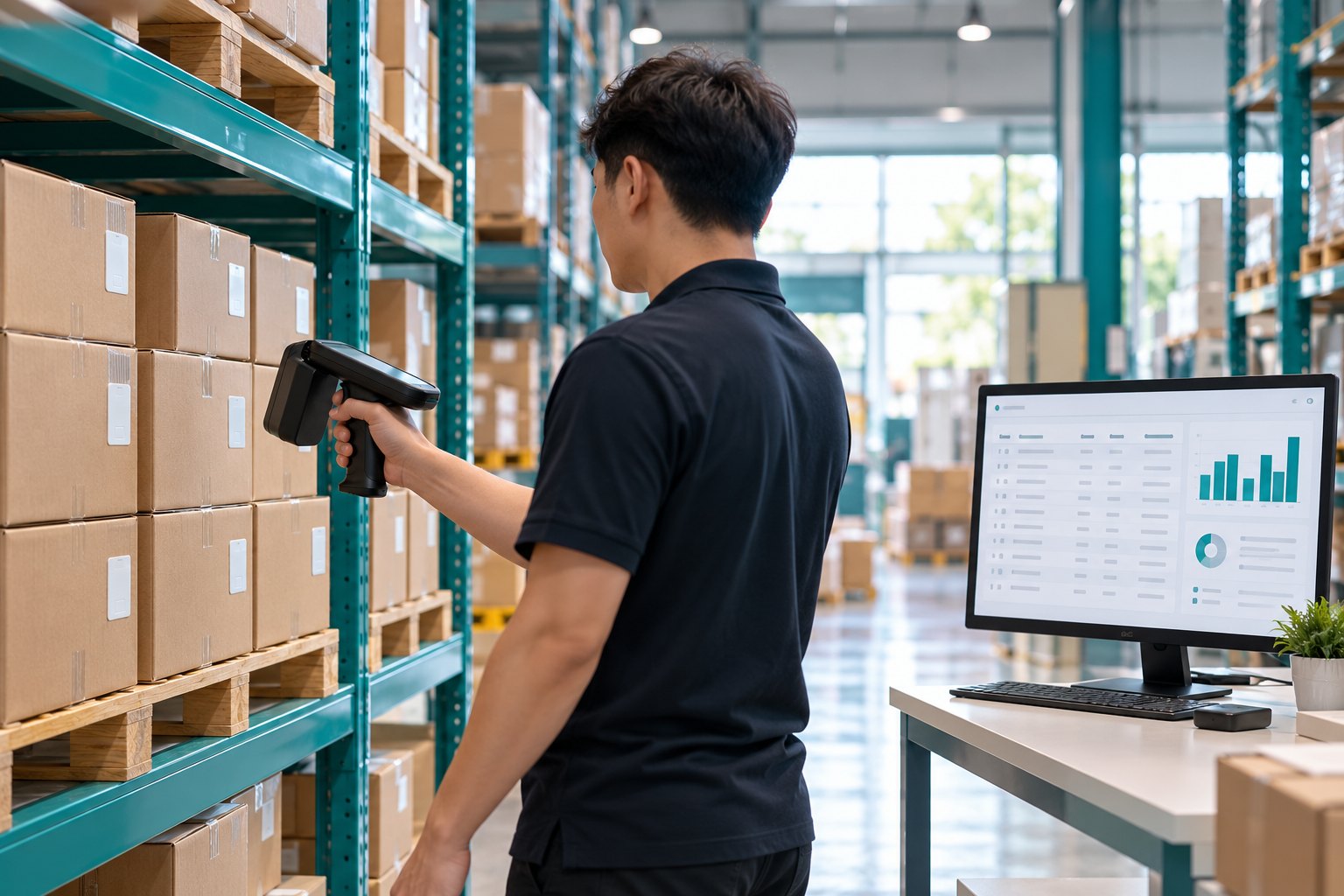Tagged cartons on a shelf, a staff member scanning them with a handheld RFID reader, and a monitor showing the stock list