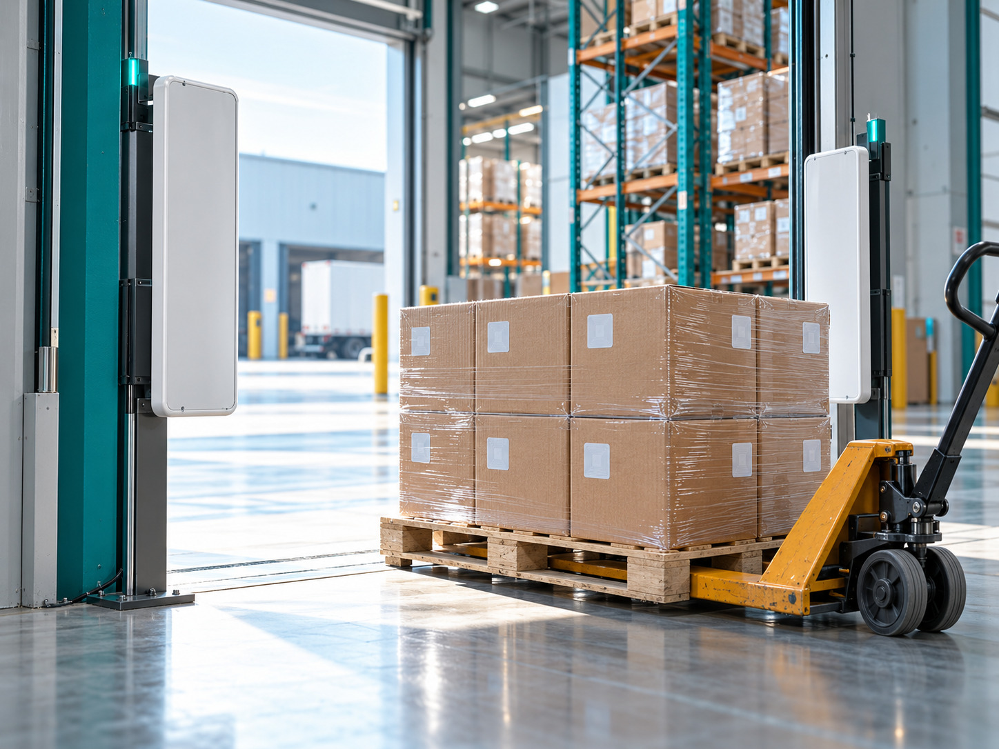 Wrapped pallet of tagged cartons at a warehouse loading door