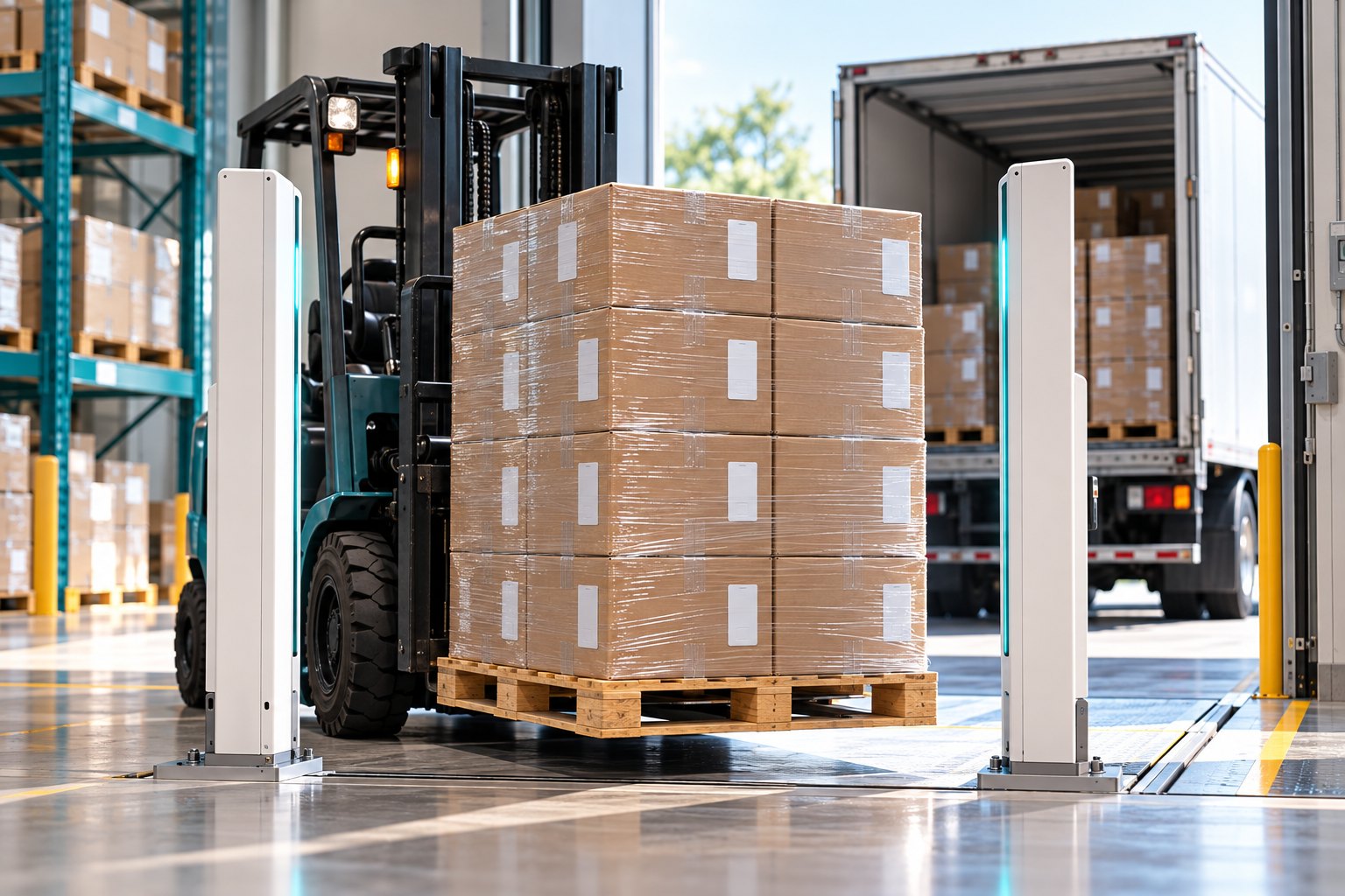 Wrapped pallets leaving through the loading dock