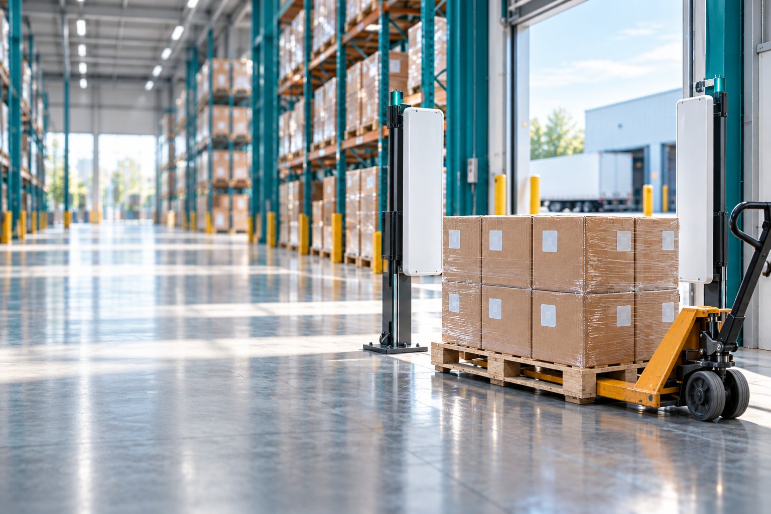 Modern warehouse aisle with tagged cartons and an RFID gate at the loading dock