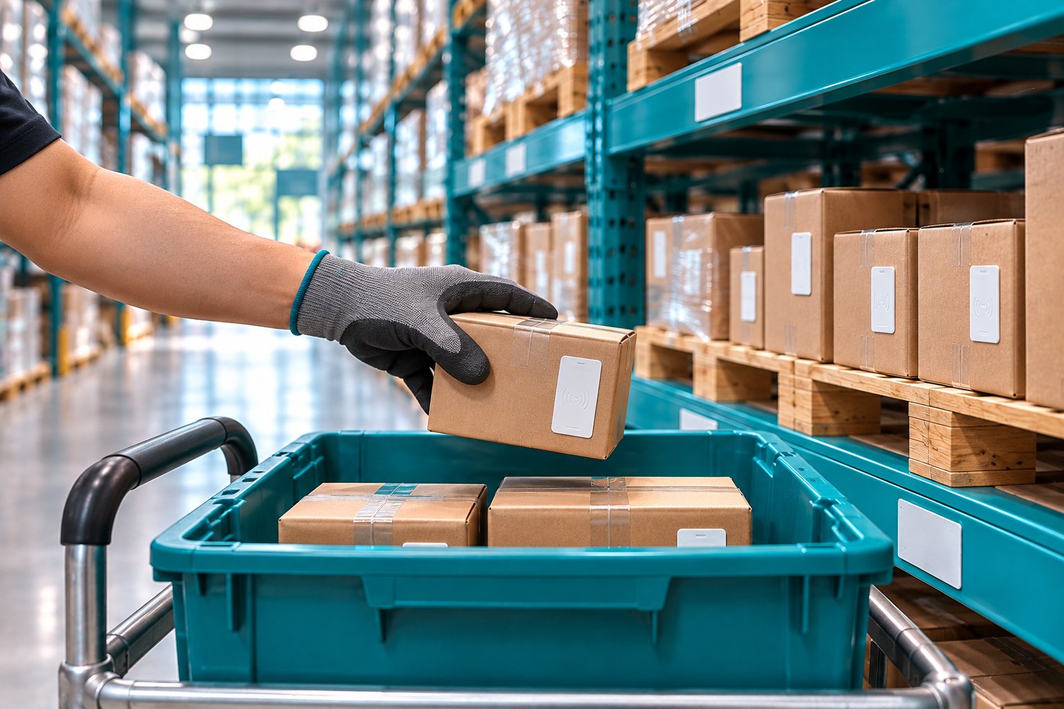 Picking tagged items from a shelf into a tote