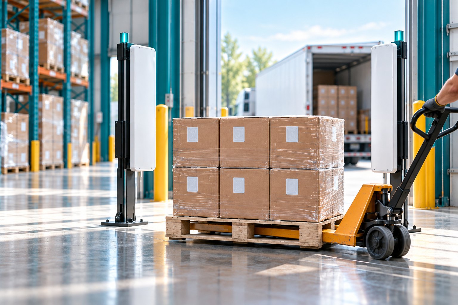 Tagged pallet being received through an RFID gate