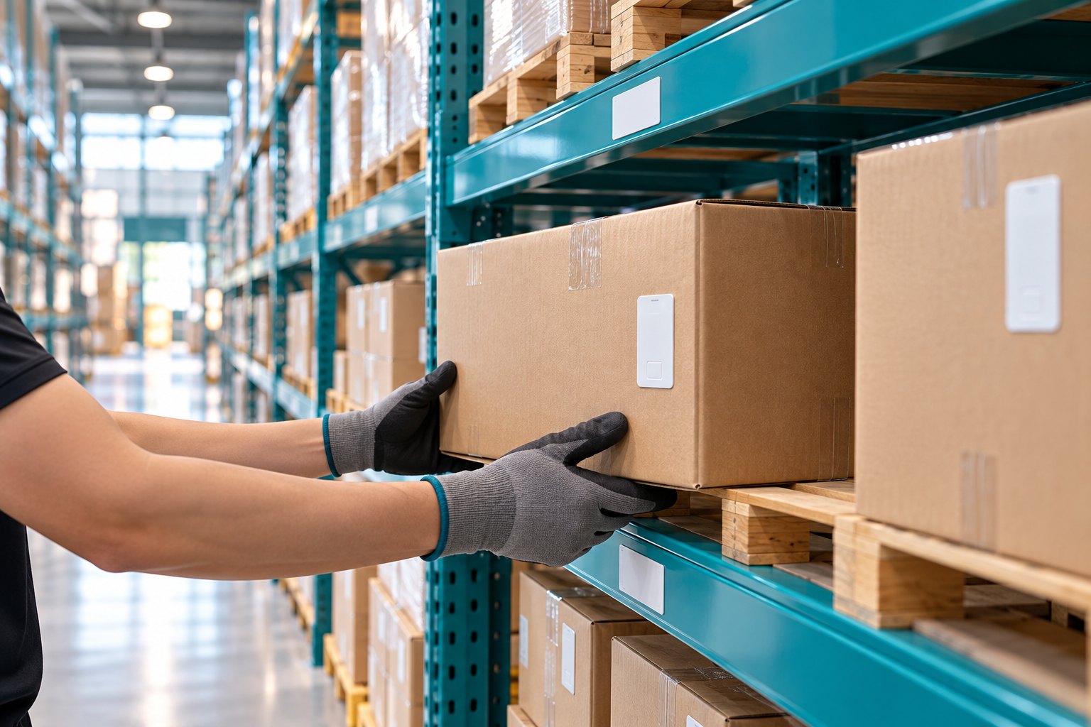 Tagged cartons placed on labelled warehouse racks